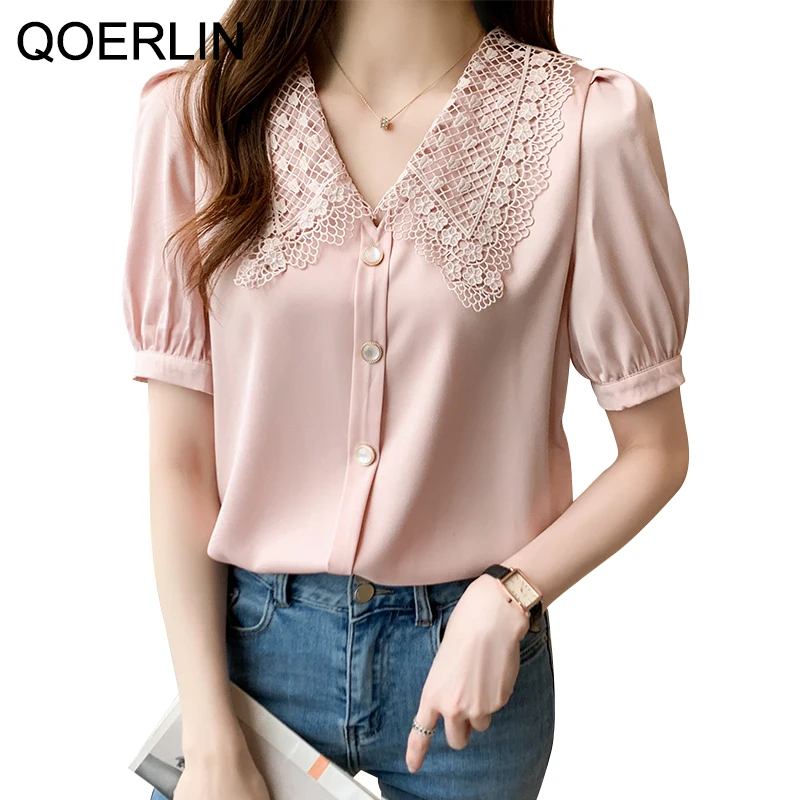 QOERLIN Satin Shirt Women 2021 Summer New Temperament Chic Lace Turn-Down Collar Short Sleeve Single-Breasted Pink Blouse S-XL