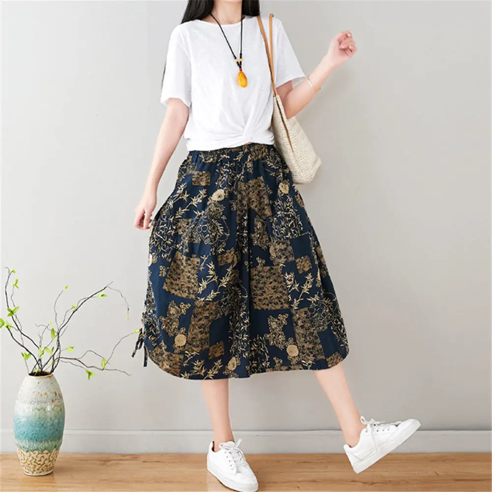 Sarouel Femme Summer Capri Pants Cotton Linen Elastic Waist Side Pockets Loose Wide Leg Pants Floral Printed Cropped Harem Pants Sarouel Femme Summer Capri Pants Cotton Linen Elastic Waist Side Pockets Loose Wide Leg Pants Floral Printed Cropped Harem Pants