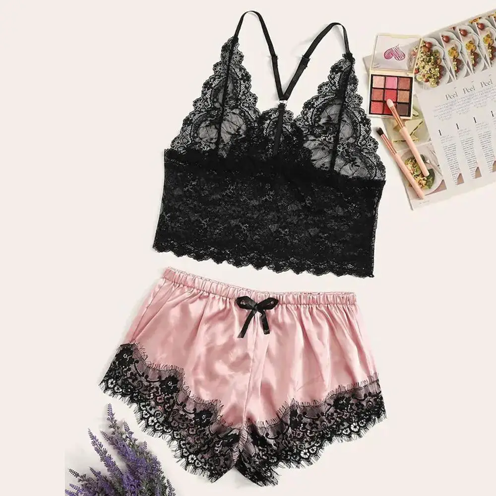 

Sexy Women Lace Satin Sleepwear Set Fashion Solid Seamless Bow Sleeveless Tops Pajamas Set Conjunto Cueca 2019 New Hot Sale 1