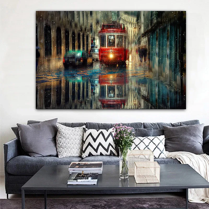 

Canvas Paintings Vintag Bus People and Cars on The Street In Rainy Day Posters and Prints Wall Art Picture for Living Room Decor