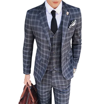 

(blazers+Vest+Pants) 2020 High quality Men's Suits Fashion grid stripe Slim Fit Three-piece Business Casual wedding male suit