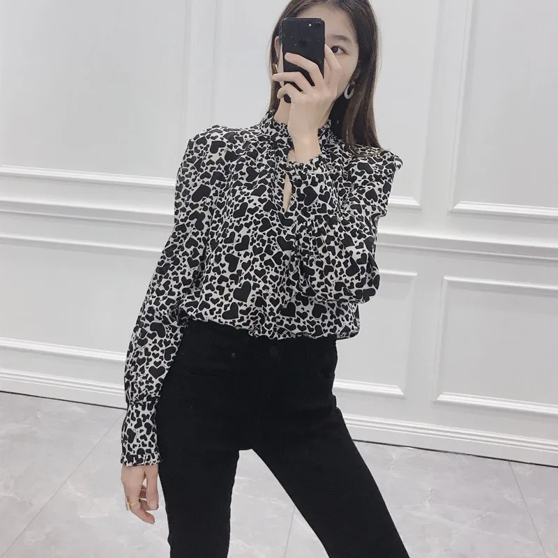

100% Silk Women's Heart Print Blouse Long Sleeve O-neck Loose Shirt Lady 2020 Spring New Tops