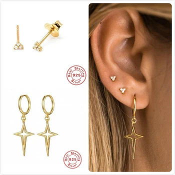 

925 Sterling Silver Earrings For Women Star Pendant Earrings Girl Cartilage Ear Bone Earring Female Triangle Zircon aretes R5