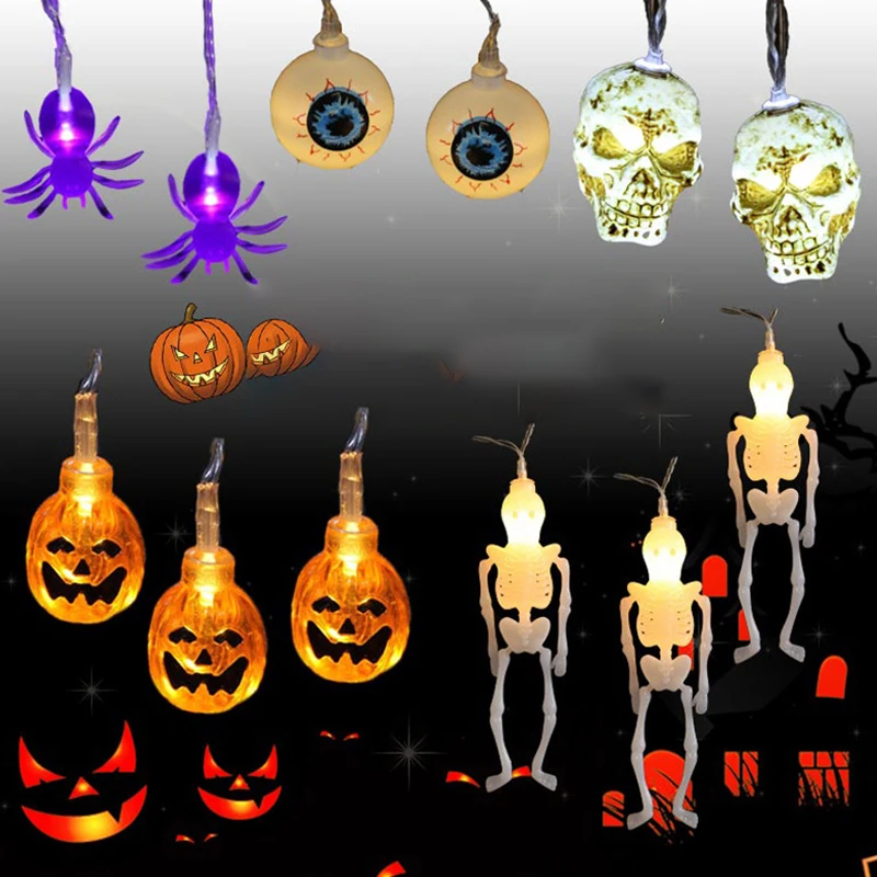 Halloween Pumpkin String Lights With Bats & Spiders - Battery Powered LED Garland For Indoor/Outdoor Party Decor, 10 Lights 1.5m