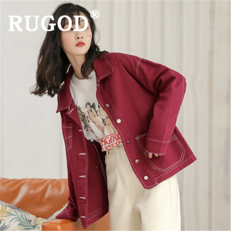 lower price  RUGOD Women basic denim jacket for women turn down collar back pattern slim jean coat new autumn fa