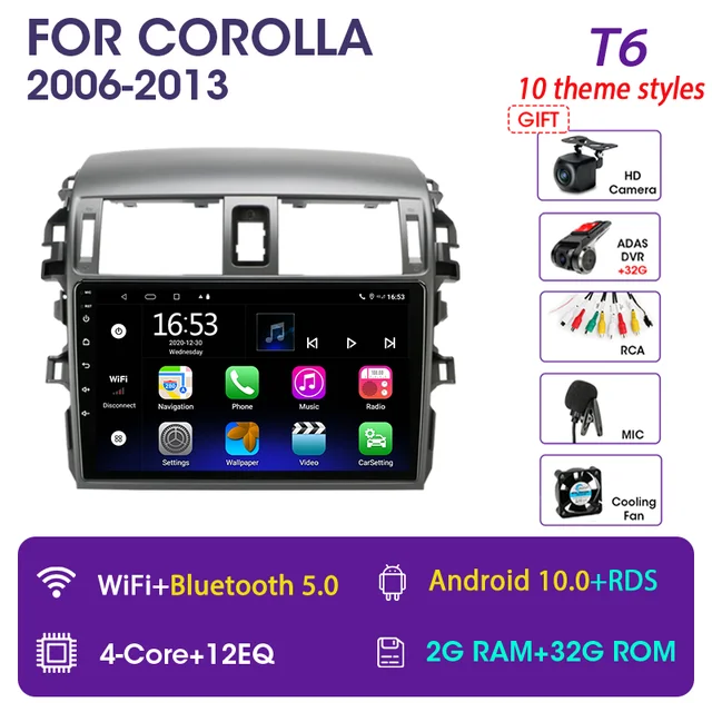 Srnubi Android 10 Car Audio Radio DVD for Toyota Corolla E140/150 2006 - 2013  Multimedia Player 2Din GPS Navigation Auto Stereo T6 32G DVR(gift)