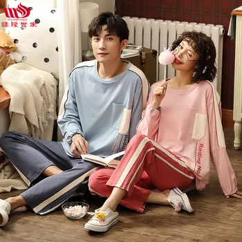 

Couples Pajamas Women's Spring New Products Pure Cotton Long Sleeve Korean-style Youth Men Tracksuit Women's Spring and Autumn