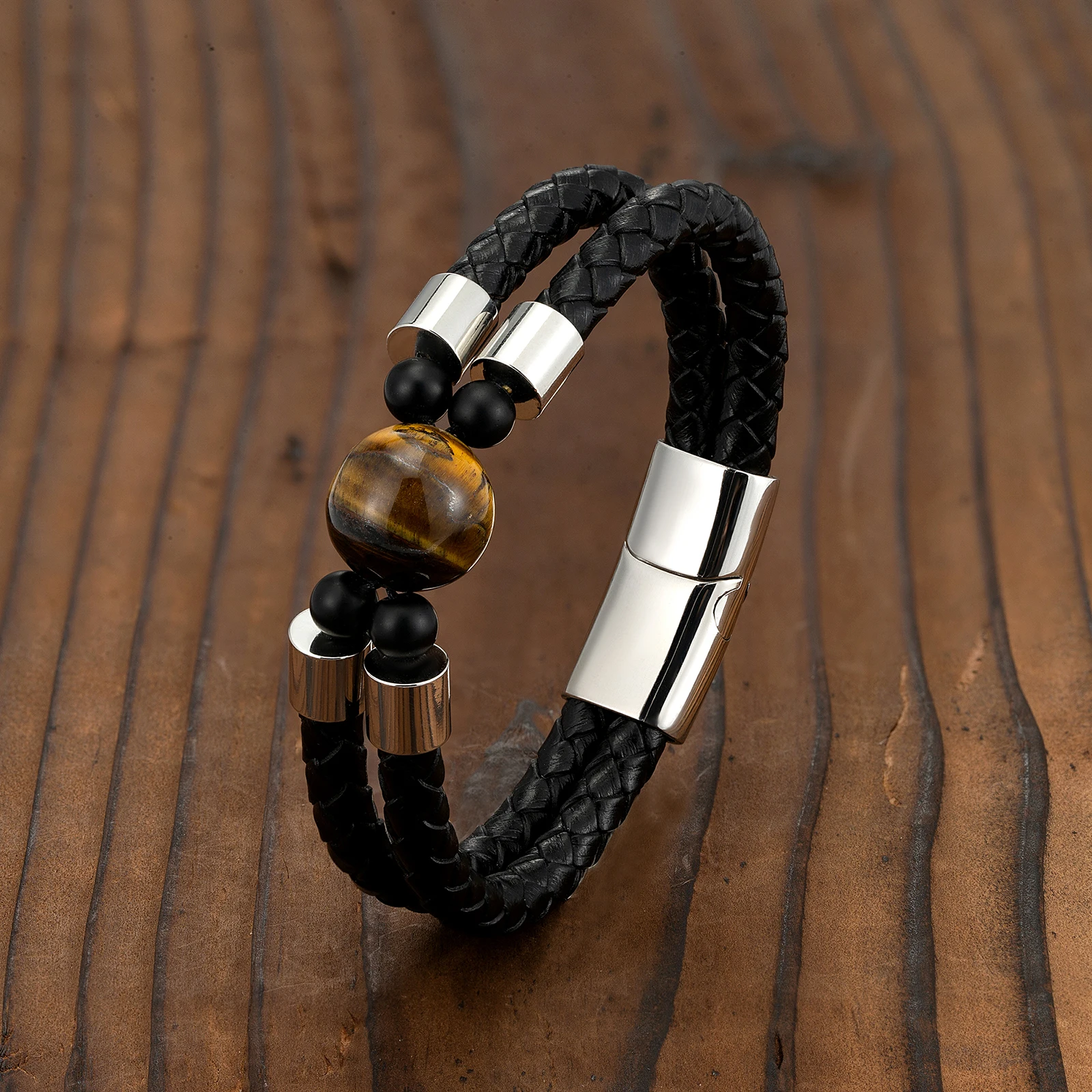 European and American Retro Style 16mm Natural Tiger’s Eye Double-row Leather Cord Bracelet Stainless Steel Magnet Buckle Bracel