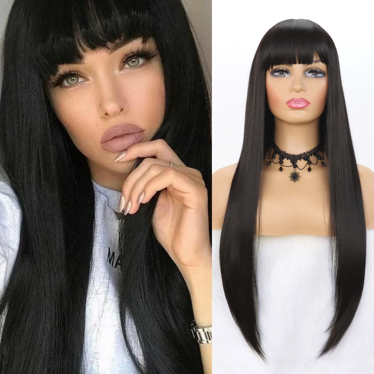 Long Straight Remy Hair Wigs Black Heat Resistant Fiber Hair Full Machine Wig with Bangs Cosplay Party Wig For Women 24 28 inch synthetic body wave wigs with bangs none lace front wigs wigs glueless machine made wigs for black women daily use