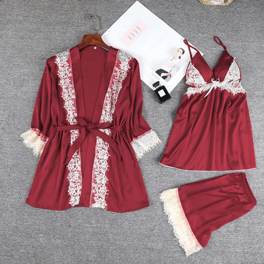 

2020 Spring and Summer Homewear Simulation Silk Casual Nightgown Pajamas 3-piece Set Pajamas for Women Robe Sets Sleep Tops