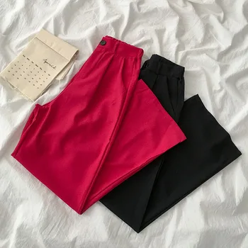 

Vintage Fashion Loose Wide Leg Casual Pants Fashionable 2020 Women Solid High Waist Red Black Long Pants Bottoms