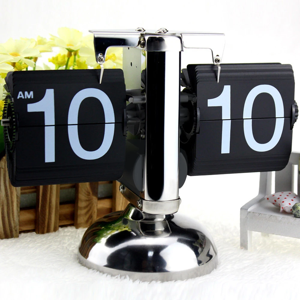 mooas Metal Flip Desk Clock (Black), Retro Vintage Design Auto Flip Clock Desk Clock Table Clock Large Number Battery Powered Internal Gear Operated