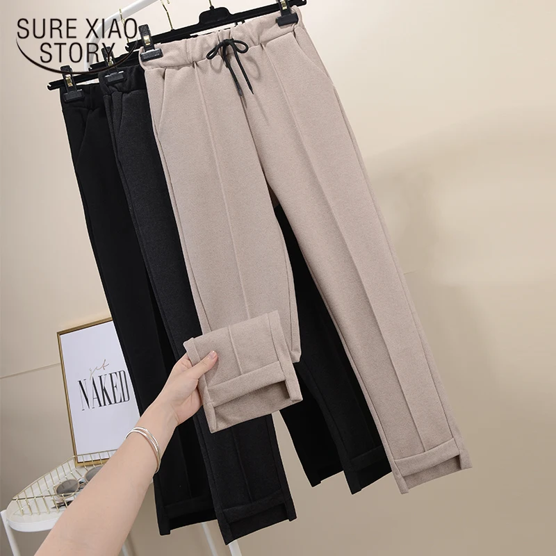 2019 осень зима плотные Свободные теплые шерстяные брюки женские с эластичным