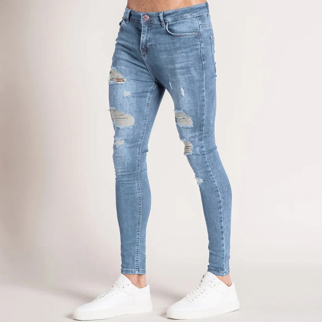 SAGACE Men's Fashion Denim Hole Trouser Distressed Jeans Long Pencil Pants Streetwear High stretch and self-cultivation pants