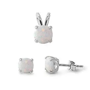 

Round White Fire Opal Pendant And 6mm Stud Earrings Silver Wedding Jewelry Sets