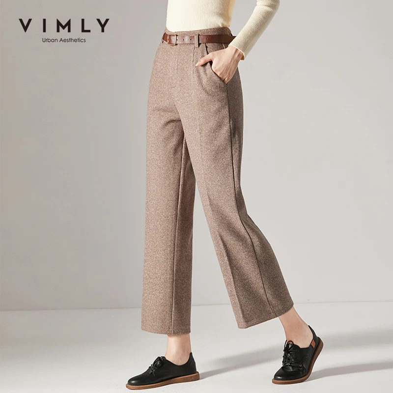 Vimly 2020 Autumn Winter Women Wide Leg Pant Elegant Office Lady High Waist Loose Belt Casual Female Thick Long Pant 98893 Vimly 2020 Autumn Winter Women Wide Leg Pant Elegant Office Lady High Waist Loose Belt Casual Female Thick Long Pant 98893