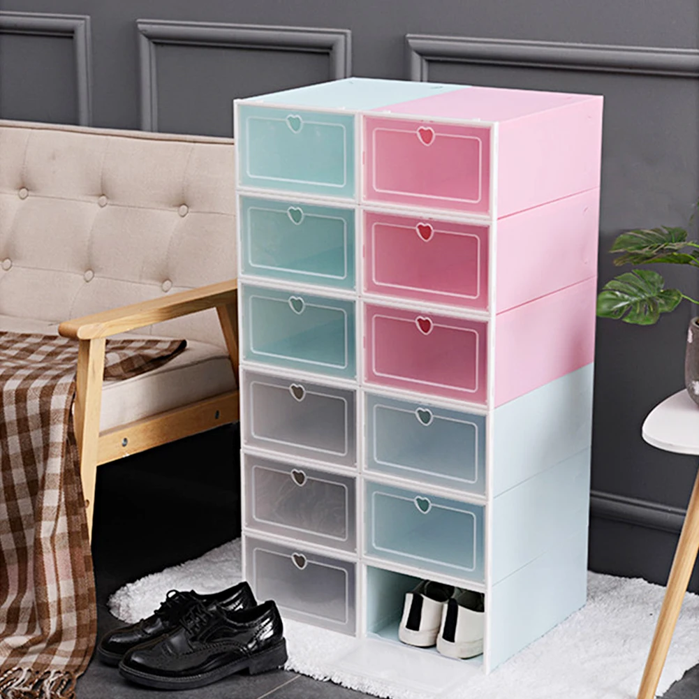 

6pc Shoe Box Storage Strong Plastic organizer Shoes Boxes Transparent can be superimposed Home Office Thickening shoe cabinet
