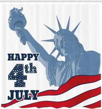 

4th of July Shower Curtain Festive Independence Day Design with Old Glory Stripes and Stars Lady Liberty Fabric Bathroom Decor