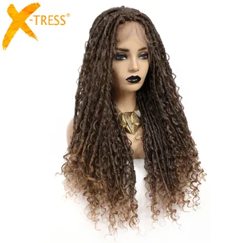 

X-TRESS Faux Locs Synthetic Wigs Straight Mix Curly Barids Ombre Brown Colored Crochet Braids Wig For Black Women Soft Dreadlock