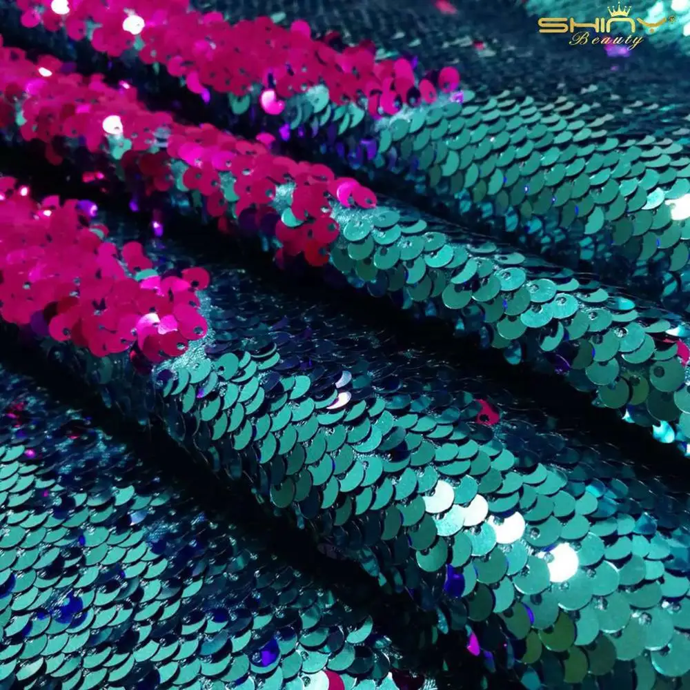 Turquoise to Fuchsia 4 ярдов материал с пайетками зеленый 5 мм Серебряный Русалка из ткани с двусторонними блестками вечерние украшения блестящая ткань для Clothing-M191010 - Цвет: Turquoise to Fuchsia