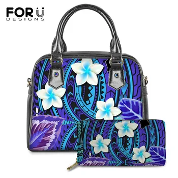 

FOURDESIGNS Polynesian Frangipani Pattern 2Set Women Fashion PU Leather Tote Bag Brand Designer Ladies Shoulder Bag Female Purse
