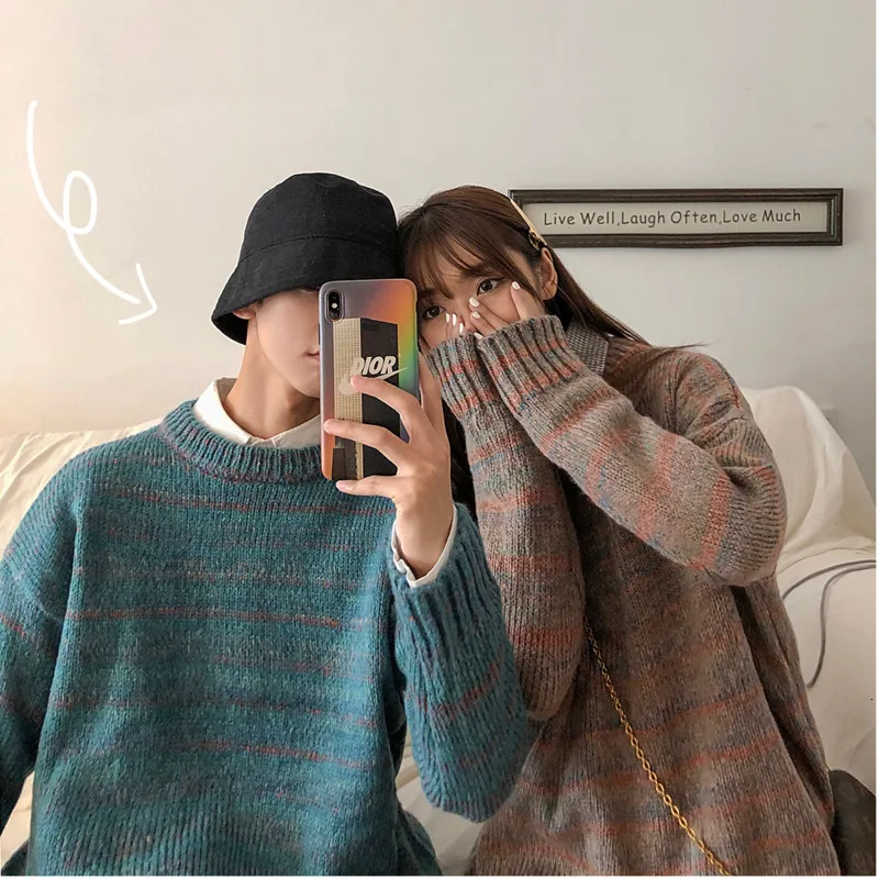 Winter Thick Sweater Men Warm Contrast Color Casual Knit Pullover Men Sweter Clothes Loose Long Sleeve Striped Sweater Man
