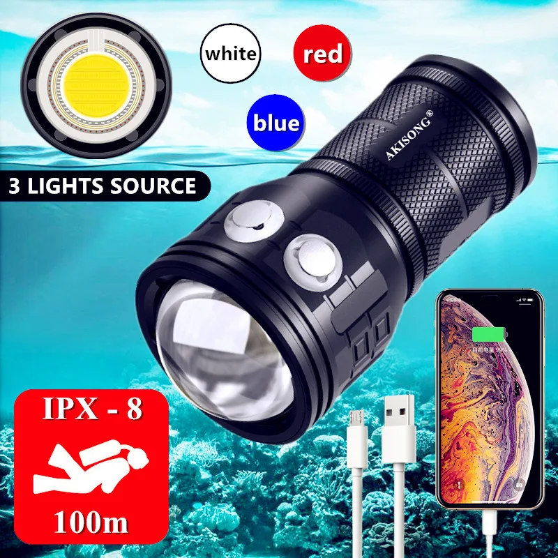 Linterna LED de buceo USB, linterna potente subacuática de 100m, para COB, multifunción, luces de relleno buceo|Linternas y antorchas| - AliExpress