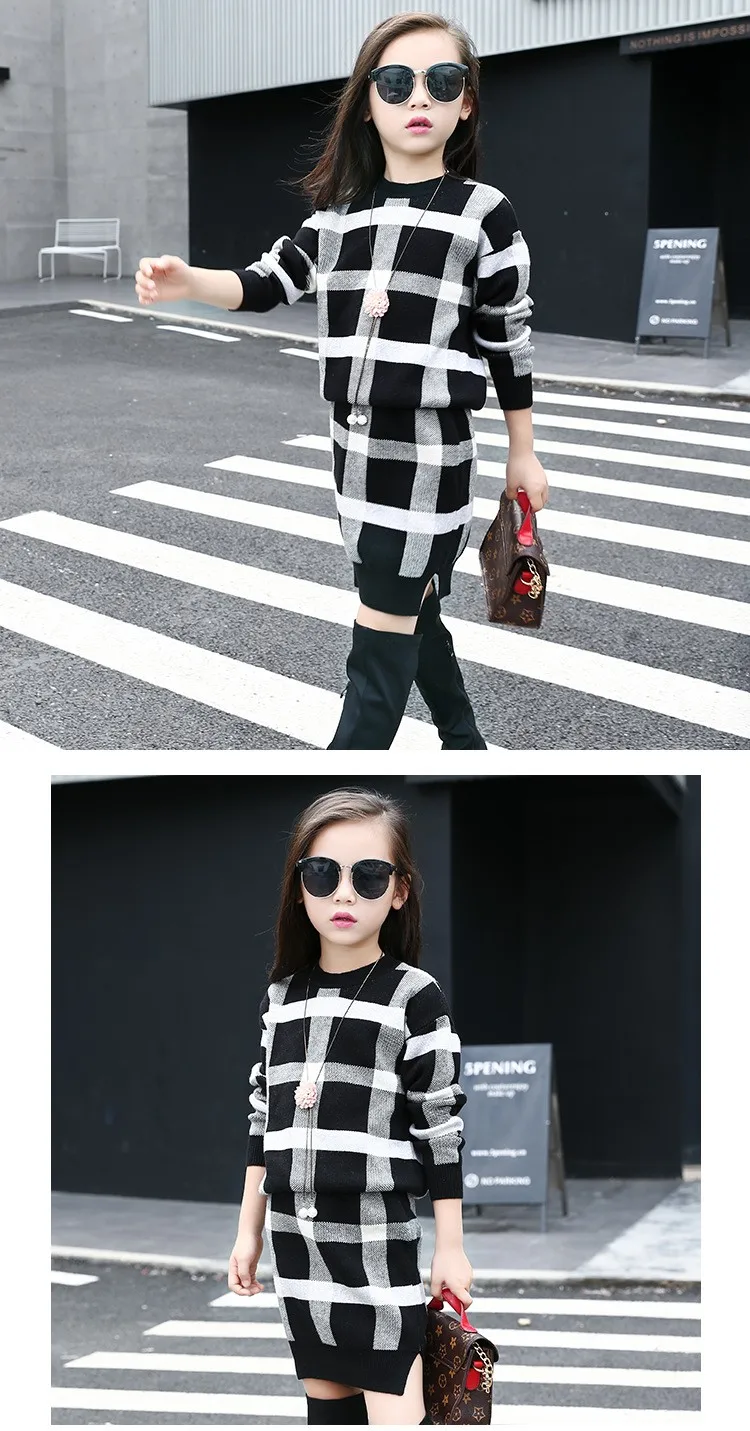 Girls Clothing set Autumn Girls Clothes Long Sleeve Plaid Knitted Sweater Skirt Suit Children Costume Kids Tracksuit 10 12Y