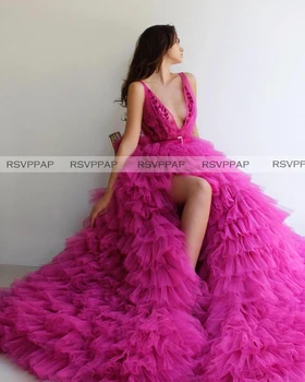 

Long Fuchsia Evening Dresses 2020 robe de soiree Apliques Top Sexy High Slit Tiered Ruffles Arabic Style Women Formal Gowns