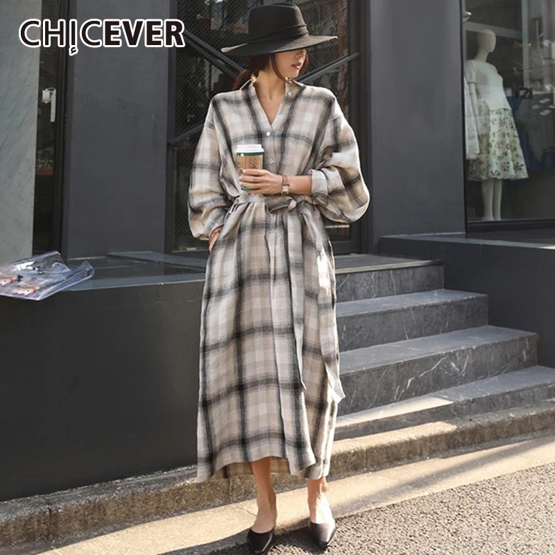 CHICEVER клетчатые популярные цвета платья для женщин с пышными рукавами свободные