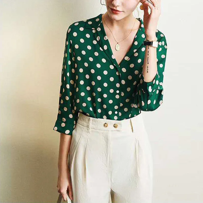 

Three Quarter Sleeve Green Polka Dot Print Shirts Real Silk Tops and Blouses Elegant Female High Quality Casual Shirts