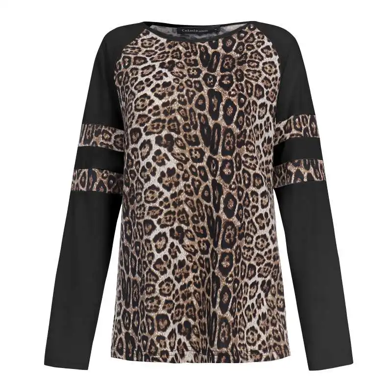 Модная женская футболка с леопардовым принтом, комбинированная футболка cellumia, весна, повседневные футболки с длинным рукавом, винтажные топы, базовые футболки, S-5XL - Цвет: Черный