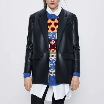 

Spring Black PU Leather Blazer Women Elegant Long Sleeve Office Suit Jacket Casual Single Button Blazers And Jackets 2020