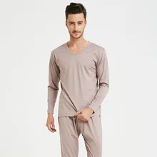 Шелковая Хлопковая пижама, костюм, осенняя одежда, нижняя рубашка+ брюки, круглый воротник, тонкое Мужское нижнее белье, удобная Пижама