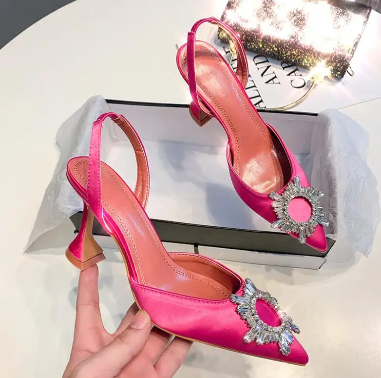 Zapatos de tacón de satén con adornos de cristal para mujer, calzado con  tira trasera elástica, Muaddi, 8cm, gran oferta|Zapatos de tacón de mujer|  - AliExpress