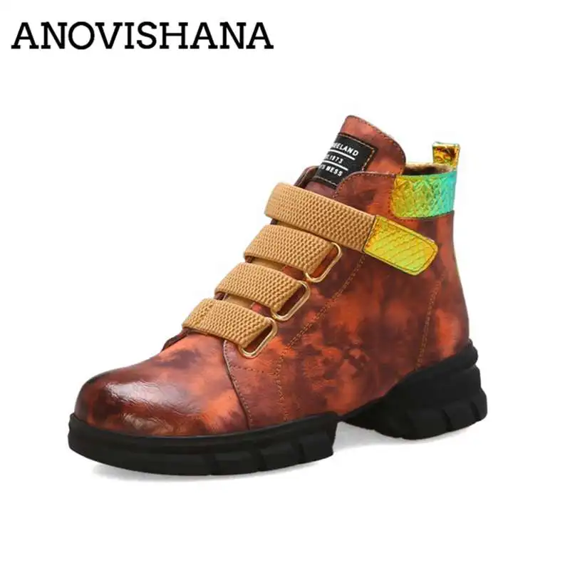 

ANOVISHANA Winter's shoes Women Hiking boots breathable motorcycle riding shoes magic band med heel footwear bota feminina