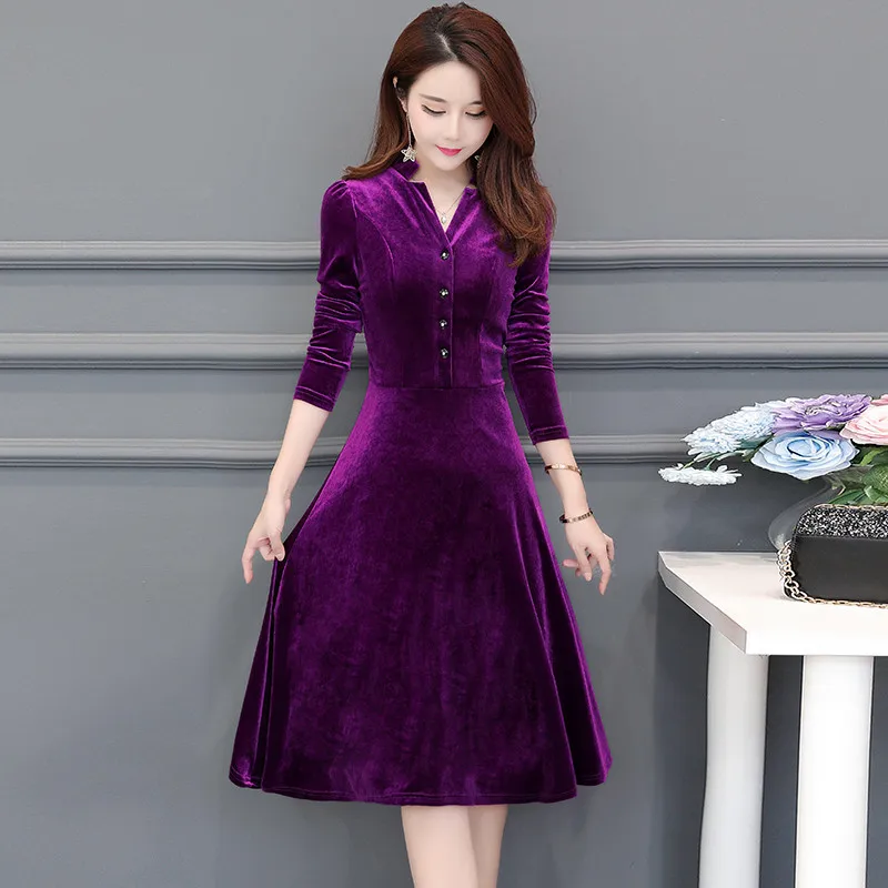 

Elegant Velvet warm Dress Winter V-neck Dresses Retro Women 2020 Autumn Long Sleeve Ladies Office Dress Vestidos Robe Plus Size