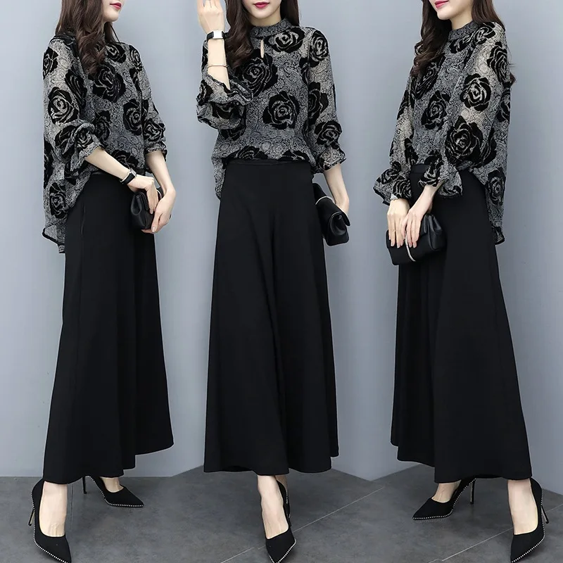 

Elegant Debutante 2019 WOMEN'S Dress New Style Spring Loose Flocked Floral Tops Loose Pants Two-Piece Set-Style WOMEN'S Suit