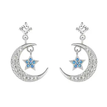 

S925 Sterling Silver Blue Star and Moon Earrings Female Simple Earrings Temperament All-match Female Small Jewelry