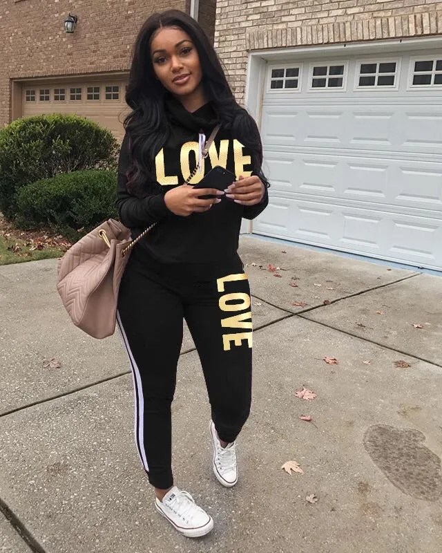

Autumn Winter Tracksuit Women Love Pink Letters Print Coat With Hood Two Pieces Set Hoodies Long Pants Suit Female Streetwear