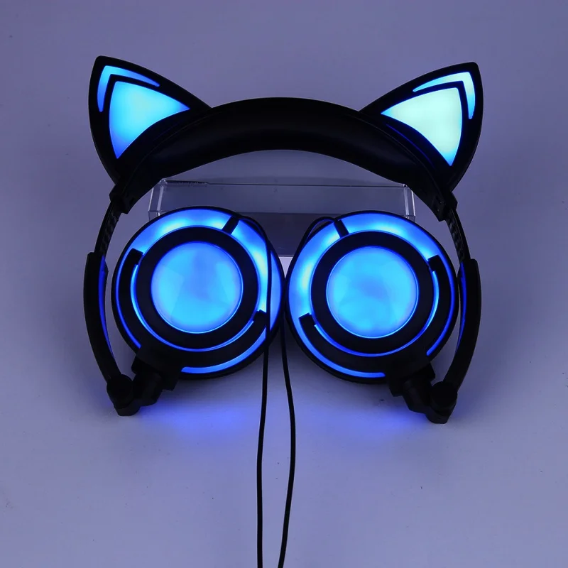 Красочные складные мигающие светящиеся кошачьи наушники игровая гарнитура наушники со светодиодный светильник для ПК ноутбука мобильного телефона - Цвет: black