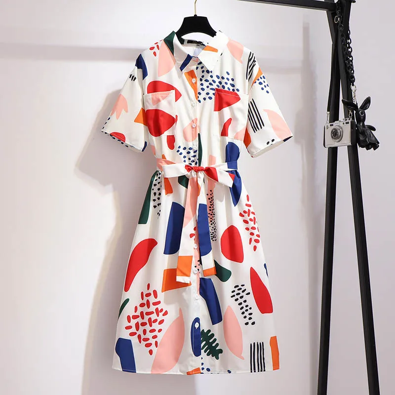 150Kg Plus Size Women's Summer Printed Chiffon Shirt Dress Bust 156cm 6XL 7XL 8XL 9XL 10XL Loose Short-Sleeved Lapel |