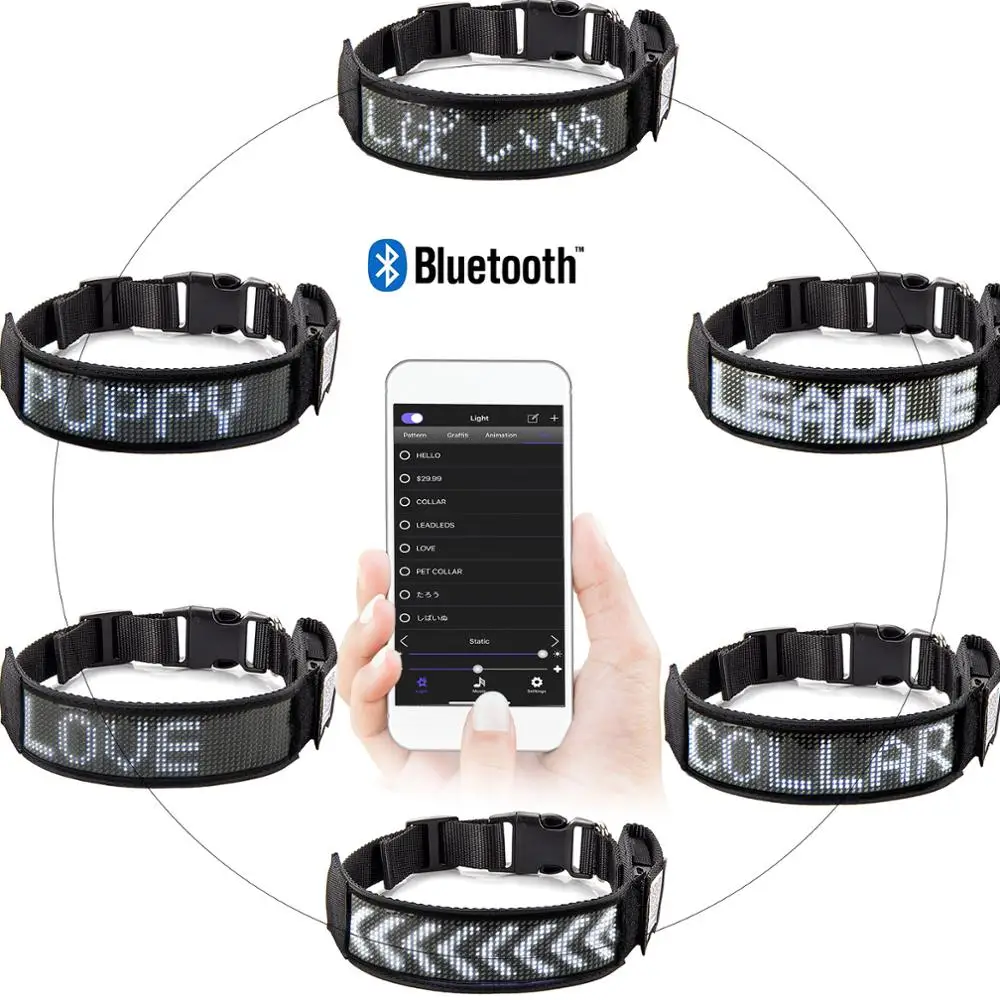 UNTSMART Led Dog Collar Programmable Bluetooth Scrolling Light lluminated Multi-Colored Personalized Text & Graphics-White