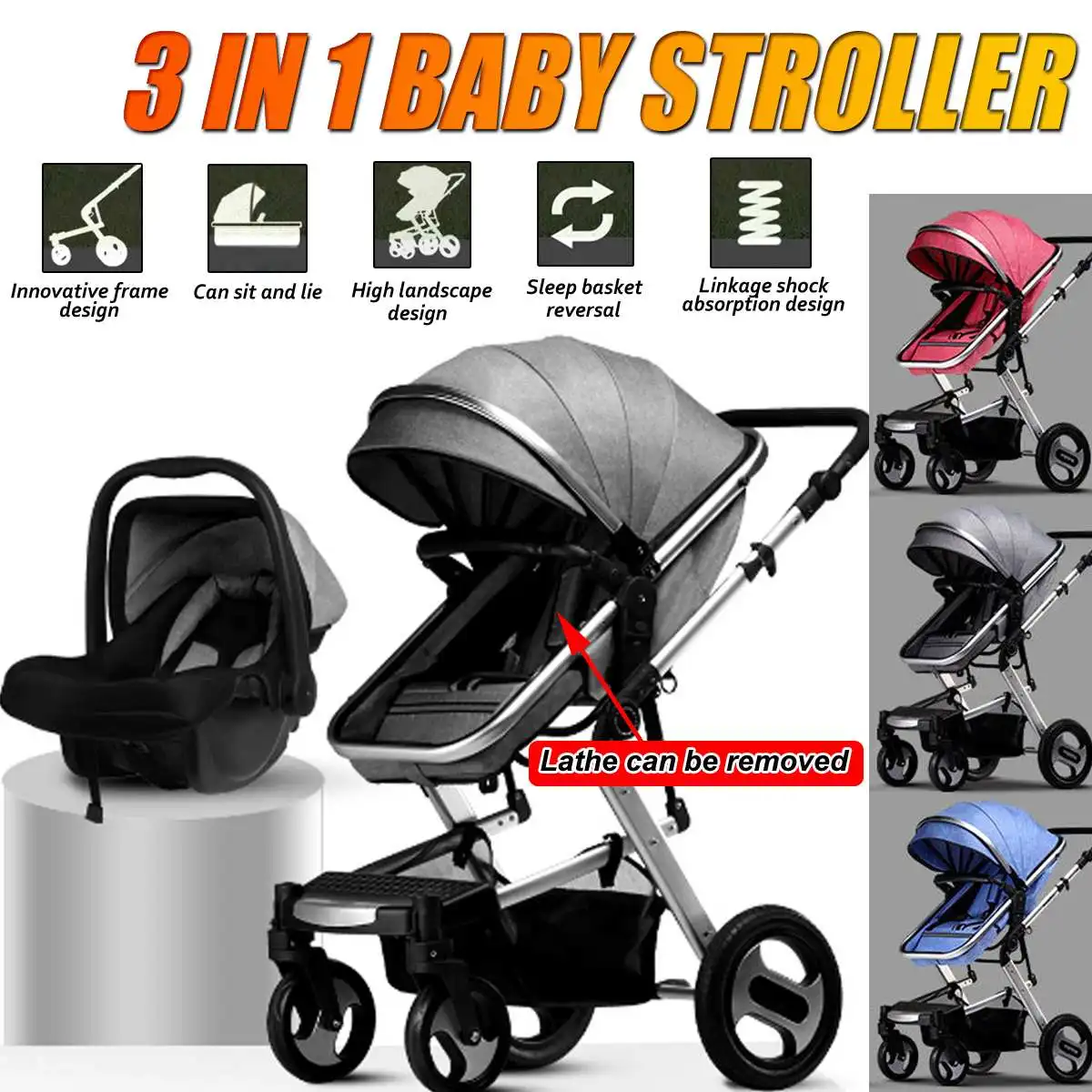 

Multifunctional 3 in 1 Baby Stroller High Landscape Stroller Folding Carriage grey/red/blue Baby Stroller Newborn Stroller