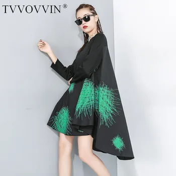 

Korea Woman clothes 2020 spring new Split Joint O-neck Dress Personality loose fashion Irregular printting long sleeve YH772