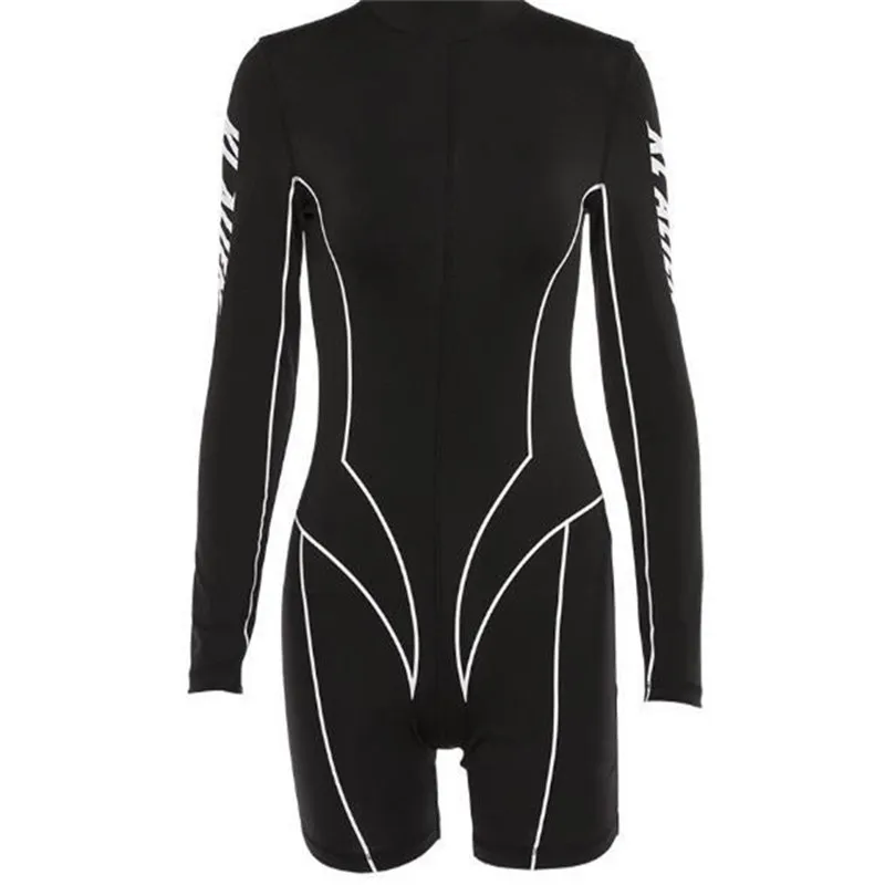 Новинка, Женский Облегающий комбинезон для фитнеса с высоким воротом и длинным рукавом, в белую полоску, пэчворк, с буквенным принтом, пуш-ап, обтягивающий, Повседневный, боди - Цвет: Black