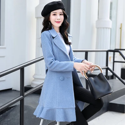 Light blue Длинное шерстяное пальто для женщин; коллекция года; сезон осень-зима; модная новая кружевная двубортная юбка; стильное шерстяное пальто; hh00143 - Цвет: Light blue