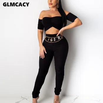 

Women Short Sleeve Off Shoulder Tube Top and Skinny Long Pants Set Sexy Party Clubwear Classy Suits