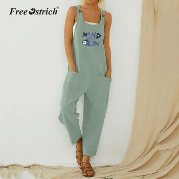 

Free Ostrich Women 2020 New Vintage Print Boho Jumpsuit O-neck Summer Romper Lady Overalls Long Pants Backless Playsuit