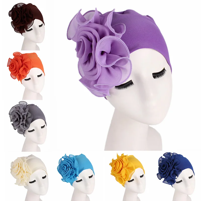 Elegant Turban Caps For Women Female Elastic Headband With Big Flower Side Solid Color Hair Loss Cap Chemo Hat Headwrap |